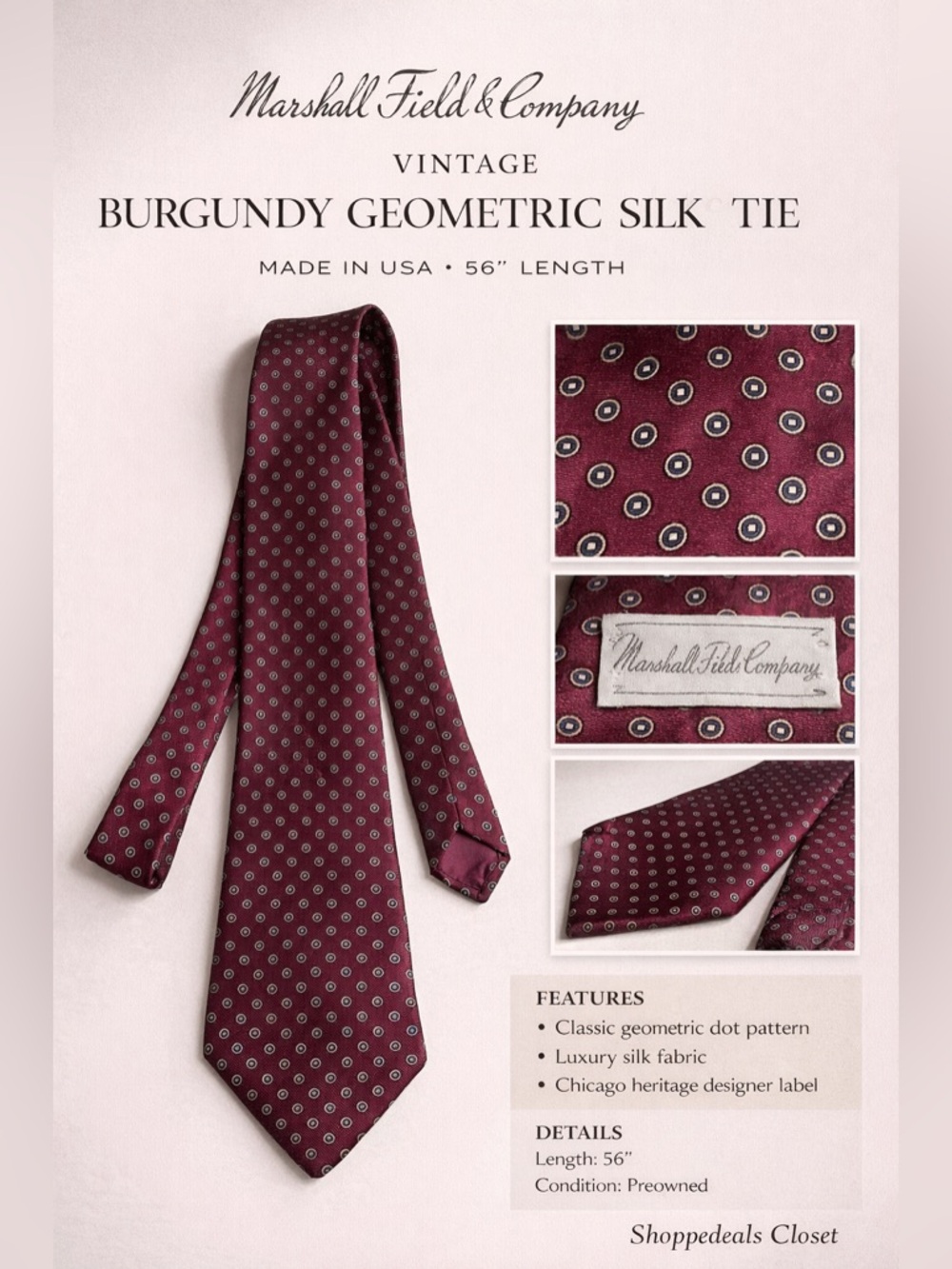 Marshall Field & Company Burgundy Geometric Silk Tie Made in USA